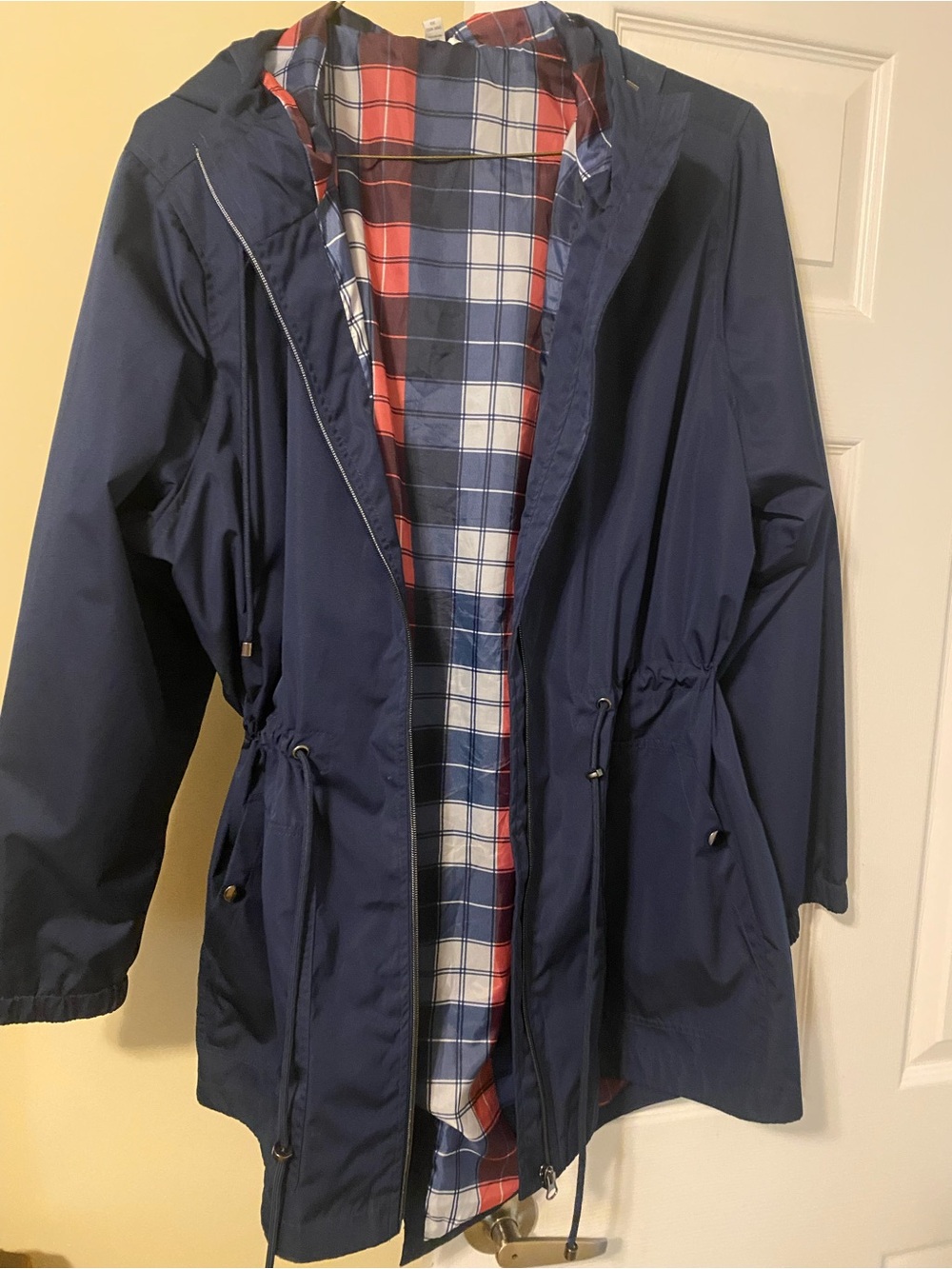 Navy Hooded Rain Jacket with Plaid Lining